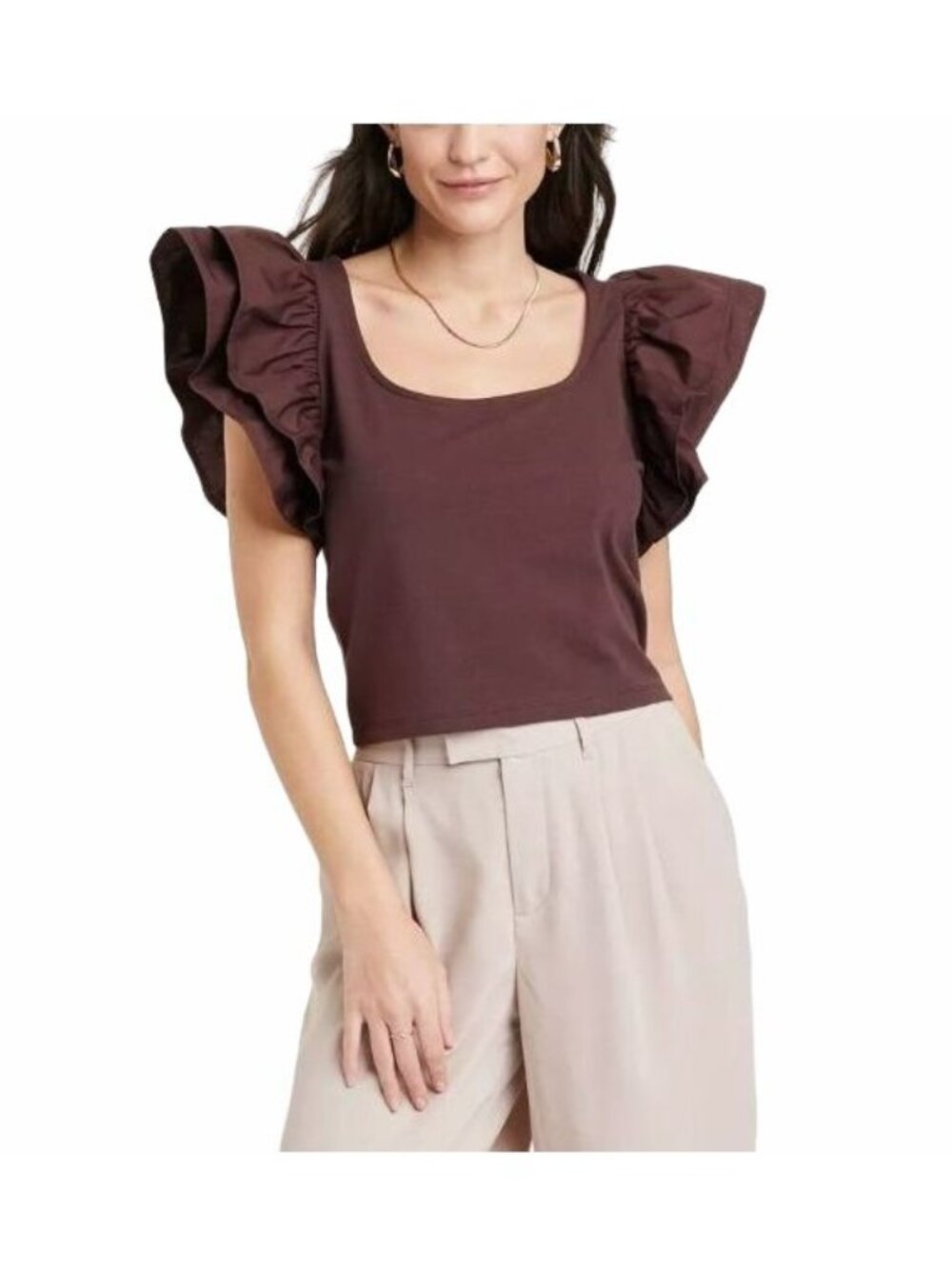 ⭐Crop Top blouse Double Flutter Short Sleeve Sz M Womens Slim Fit Brown Cotton